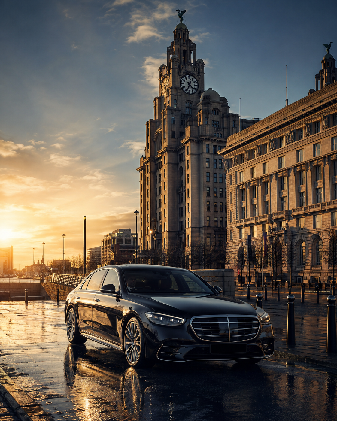 Luxury chauffeur car at the Royal Liver Building, Liverpool