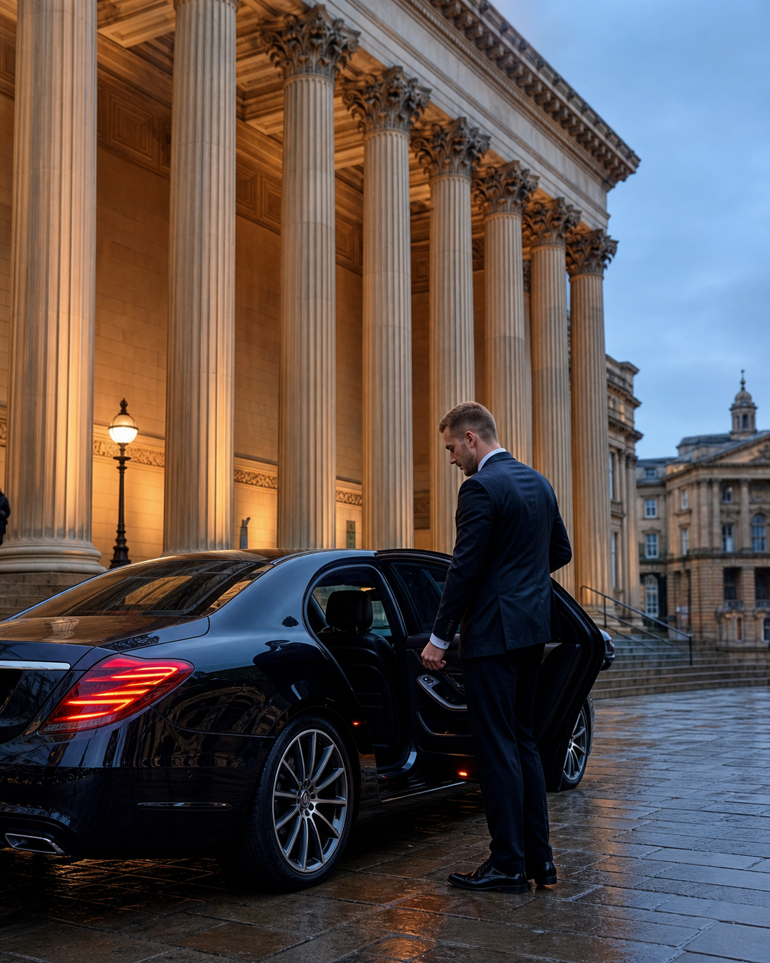 Professional chauffeur outside St George's Hall, Liverpool